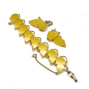 Yellow Thermoset Leaves Bracelet & Earrings, Gold Plated, Ear Climbers, 1960s